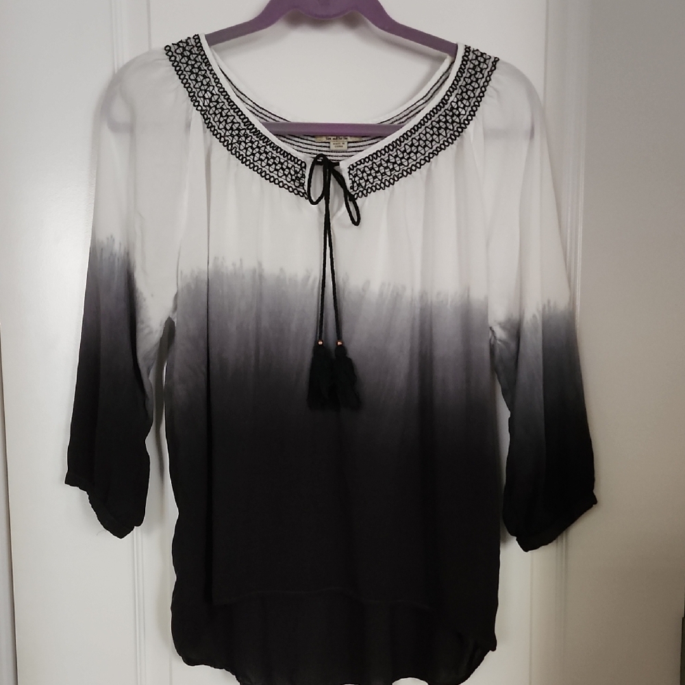 ONE WORLD Black and White Ombre Dip Dye Blouse Size Petite XL